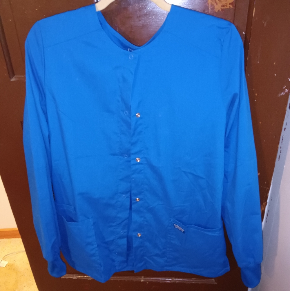 EUC Cherokee Authentic Workwear Blue Button Down Long Sleeve Scrub Top